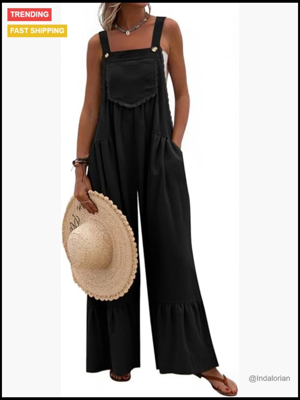 Lace Casual Overalls Jumpsuit Wide Leg Ruffle Pants Romper with Pockets